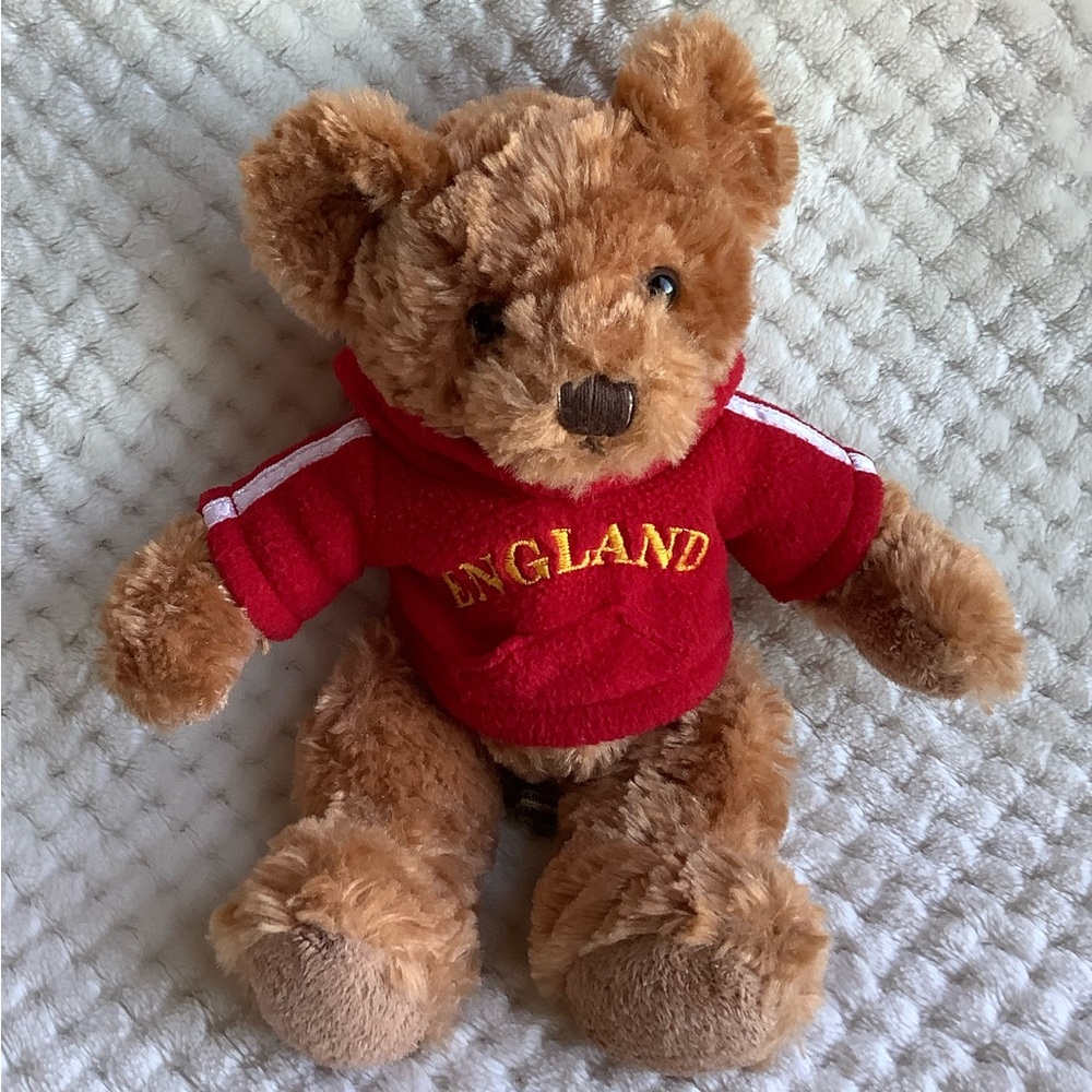 Russ Berrie Plush Archie Bear in Red England Hoodie Shirt Stuffed Animal Toy